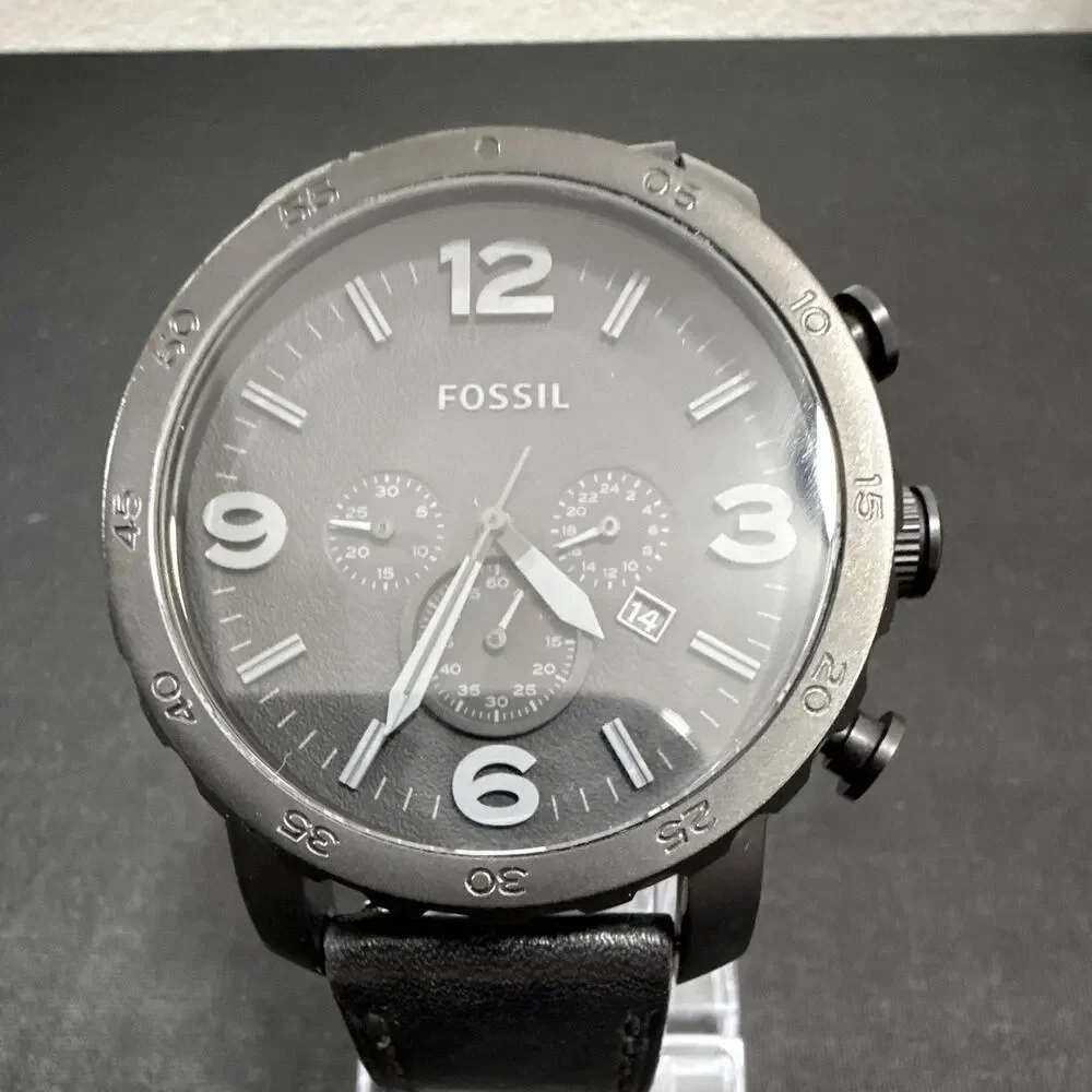 Mens Fossil Nate JR-1354 50mm Case New Battery 24mm Black Leather 7.5” Wrist